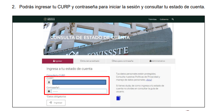Ingresa CURP y contraseña para acceder al estado de cuenta